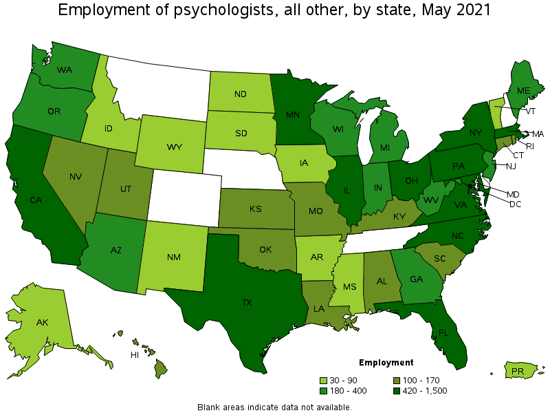 Map of employment of psychologists, all other by state, May 2021