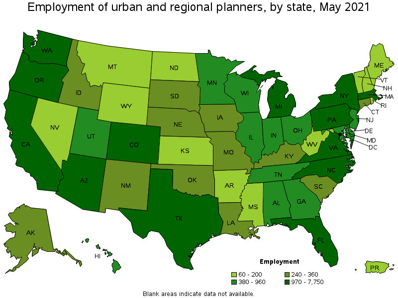 Map of employment of urban and regional planners by state, May 2021