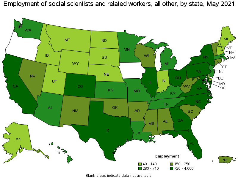 Map of employment of social scientists and related workers, all other by state, May 2021