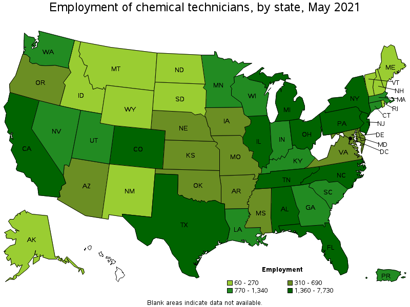 Map of employment of chemical technicians by state, May 2021