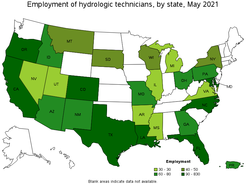 Map of employment of hydrologic technicians by state, May 2021