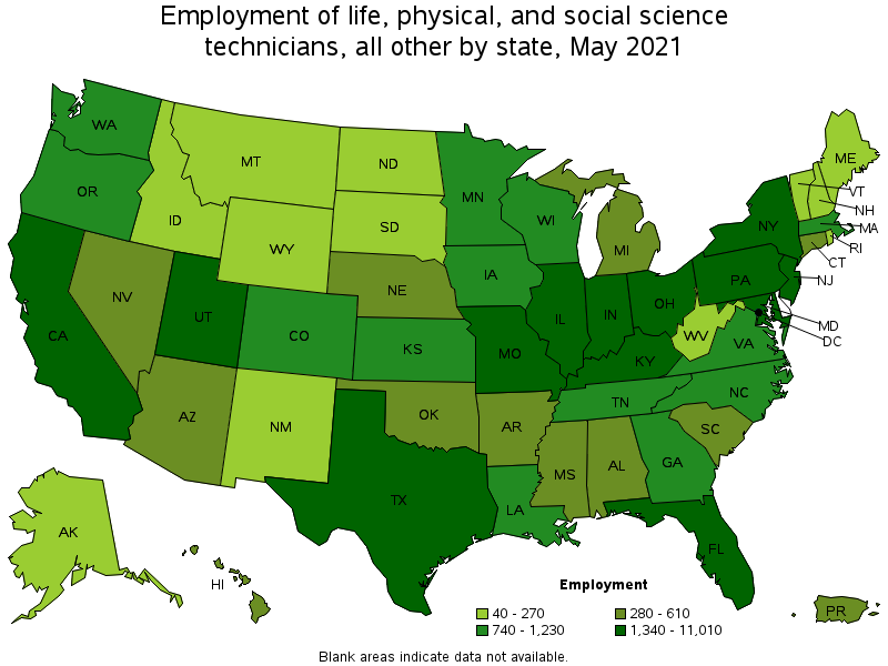 Map of employment of life, physical, and social science technicians, all other by state, May 2021