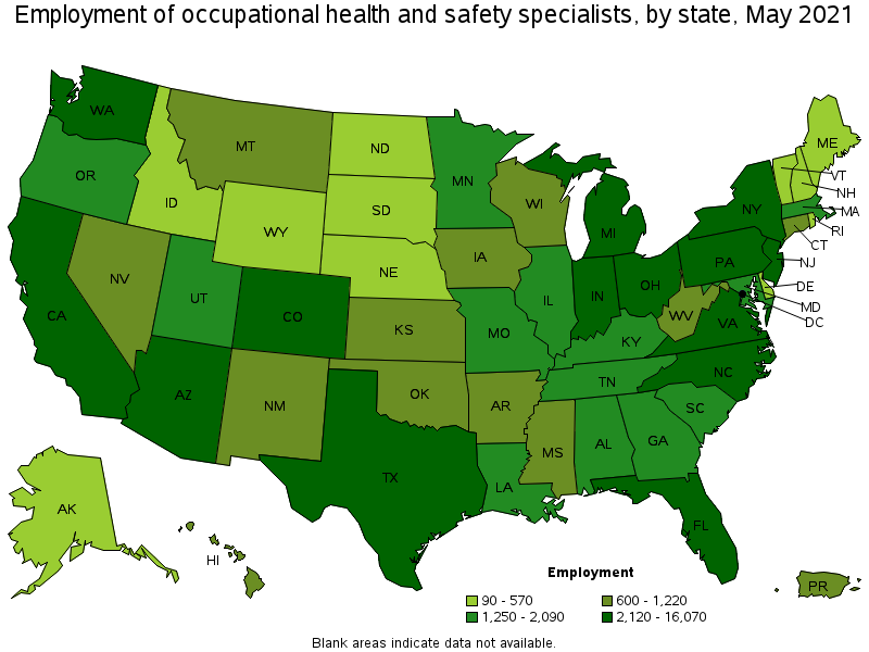 Map of employment of occupational health and safety specialists by state, May 2021