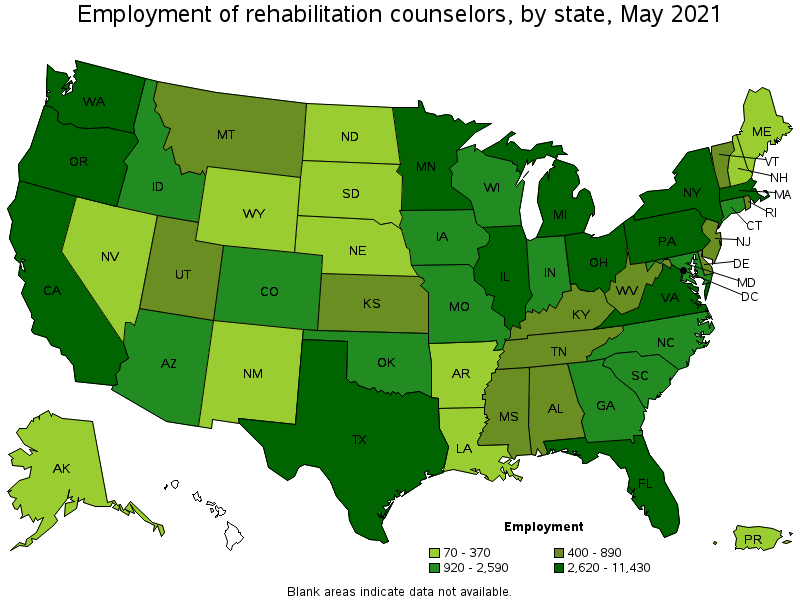 Map of employment of rehabilitation counselors by state, May 2021