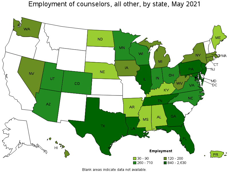 Map of employment of counselors, all other by state, May 2021