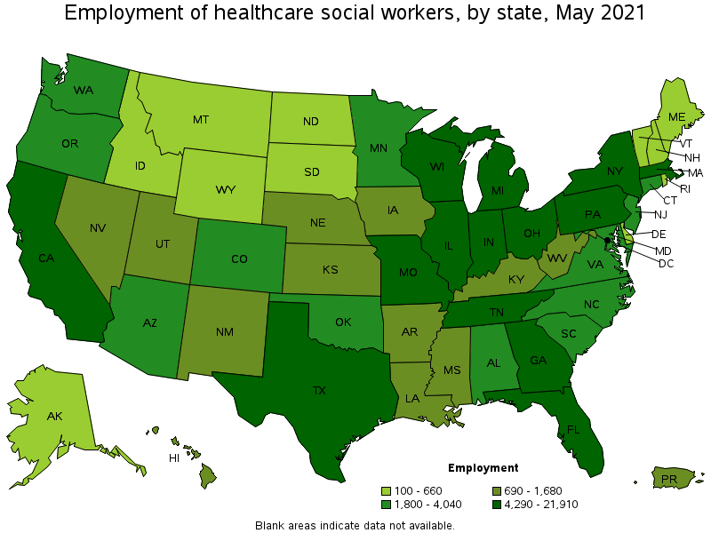 Map of employment of healthcare social workers by state, May 2021