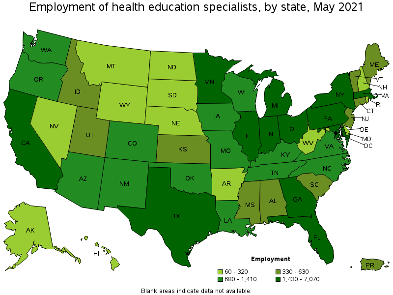 Map of employment of health education specialists by state, May 2021
