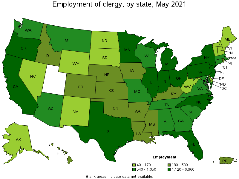 Map of employment of clergy by state, May 2021