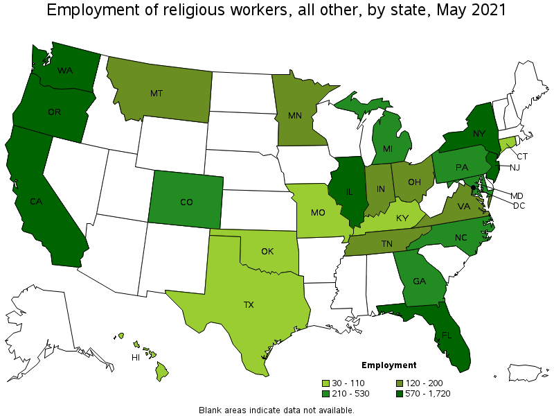 Map of employment of religious workers, all other by state, May 2021