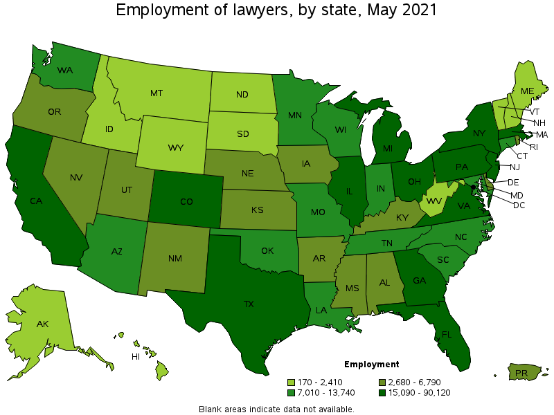 Map of employment of lawyers by state, May 2021