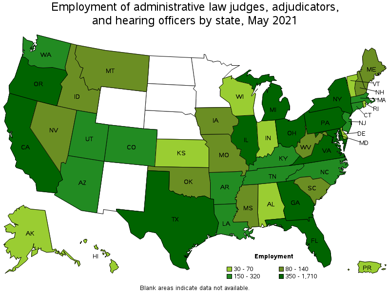 Map of employment of administrative law judges, adjudicators, and hearing officers by state, May 2021