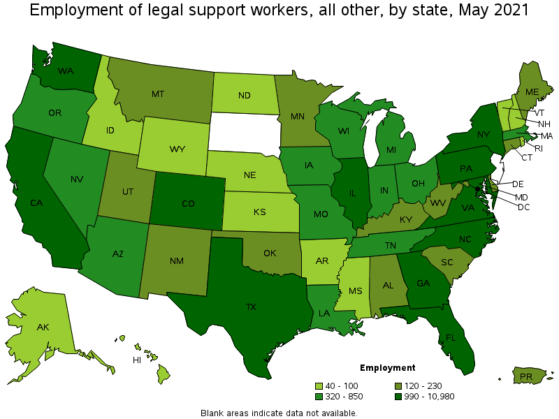 Map of employment of legal support workers, all other by state, May 2021