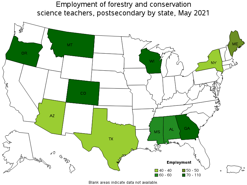 Map of employment of forestry and conservation science teachers, postsecondary by state, May 2021