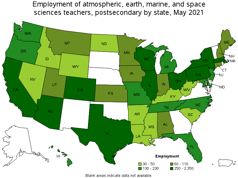 Map of employment of atmospheric, earth, marine, and space sciences teachers, postsecondary by state, May 2021