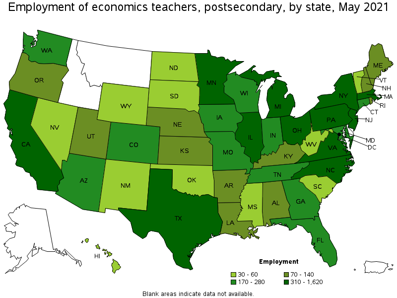 Map of employment of economics teachers, postsecondary by state, May 2021