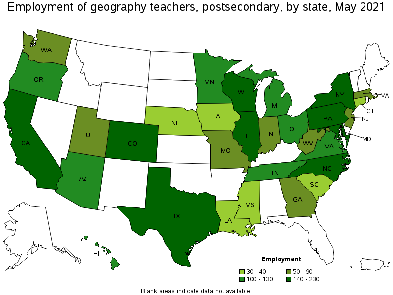 Map of employment of geography teachers, postsecondary by state, May 2021