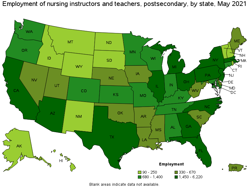 Map of employment of nursing instructors and teachers, postsecondary by state, May 2021