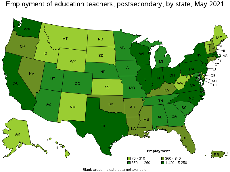 Map of employment of education teachers, postsecondary by state, May 2021