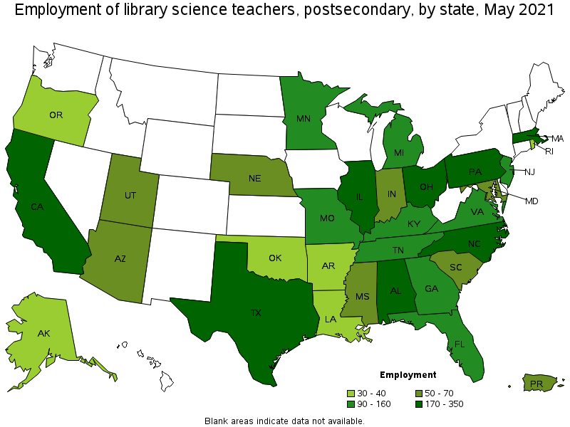 Map of employment of library science teachers, postsecondary by state, May 2021