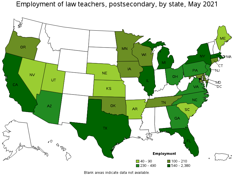 Map of employment of law teachers, postsecondary by state, May 2021