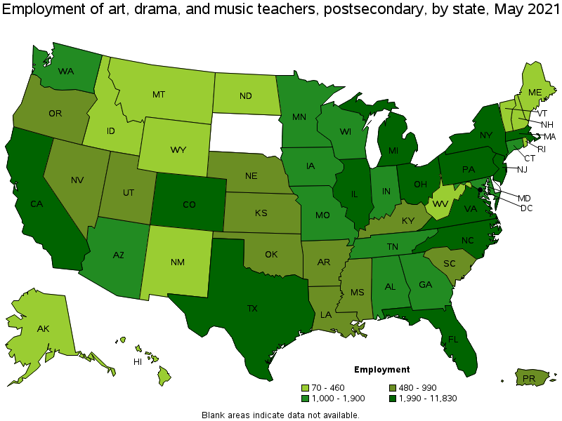 Map of employment of art, drama, and music teachers, postsecondary by state, May 2021