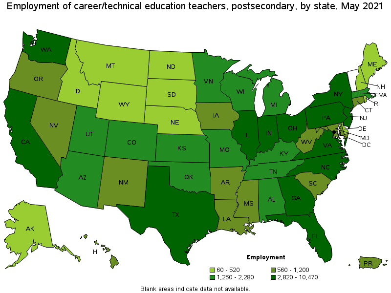 Map of employment of career/technical education teachers, postsecondary by state, May 2021