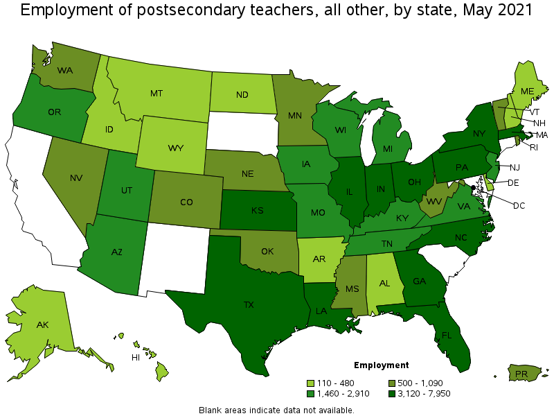 Map of employment of postsecondary teachers, all other by state, May 2021