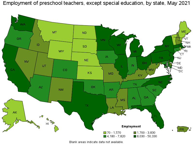 Map of employment of preschool teachers, except special education by state, May 2021