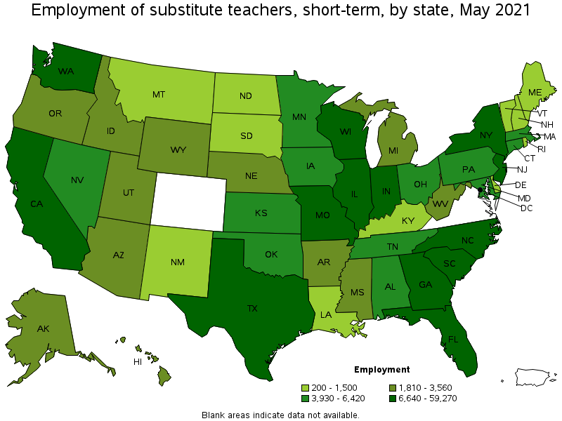 Map of employment of substitute teachers, short-term by state, May 2021