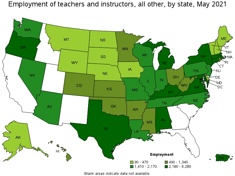 Map of employment of teachers and instructors, all other by state, May 2021