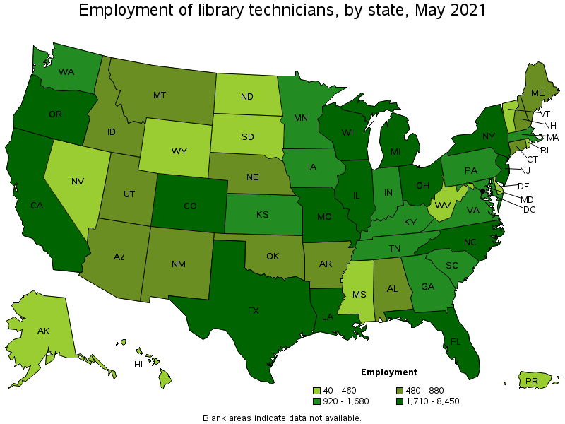 Map of employment of library technicians by state, May 2021