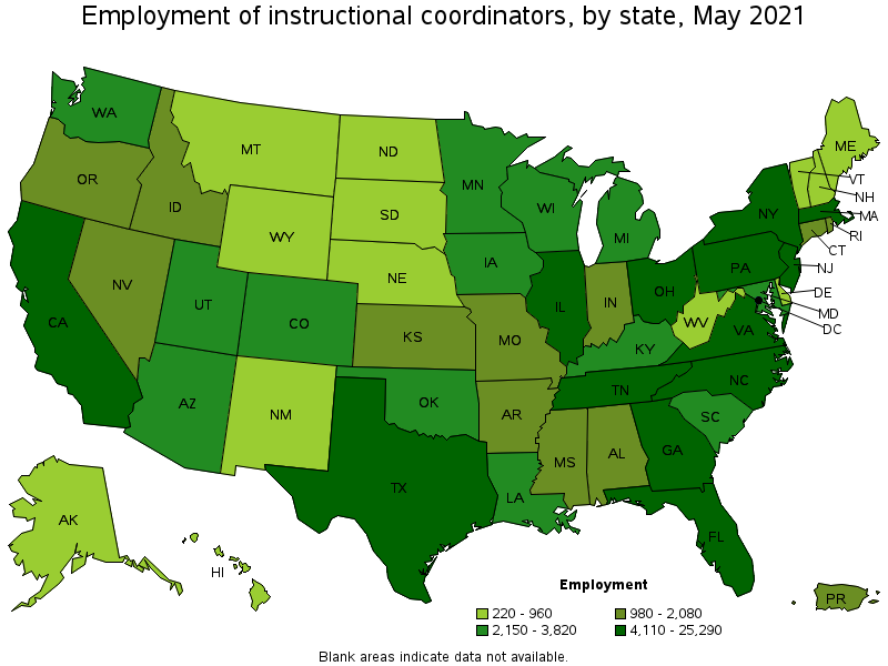 Map of employment of instructional coordinators by state, May 2021