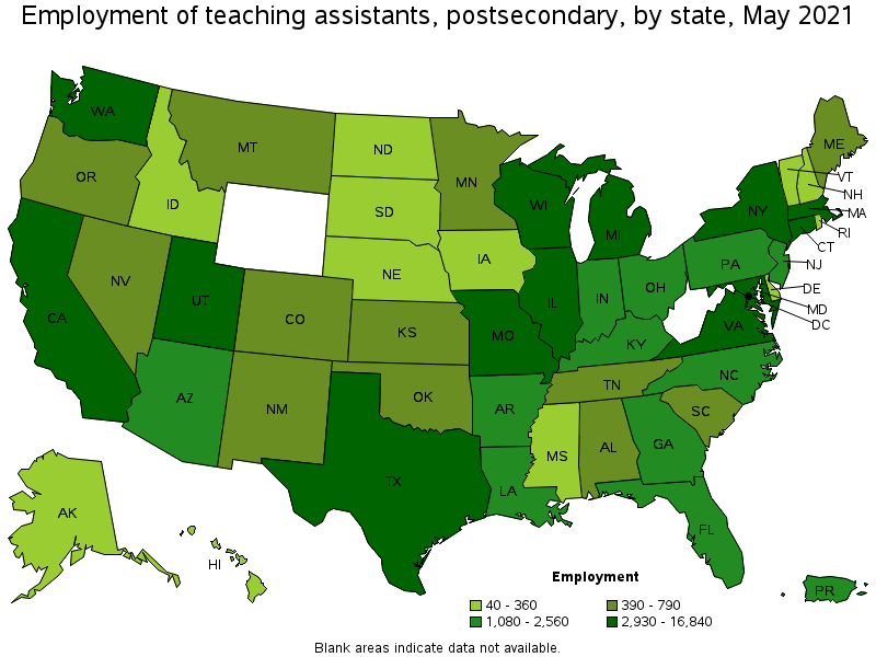 Map of employment of teaching assistants, postsecondary by state, May 2021