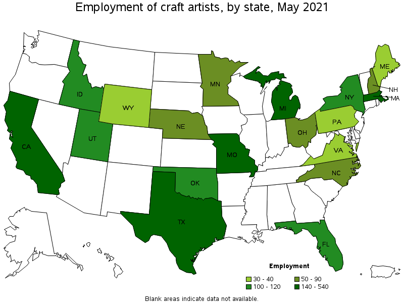 Map of employment of craft artists by state, May 2021