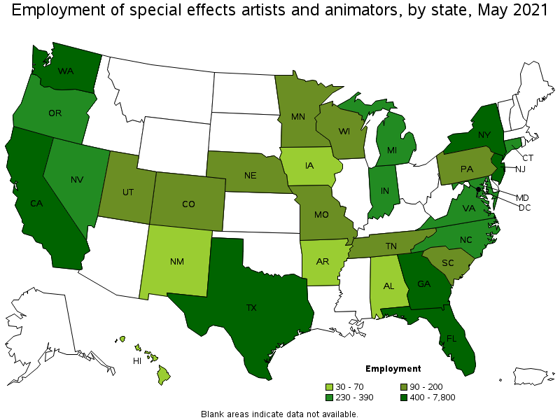 Map of employment of special effects artists and animators by state, May 2021