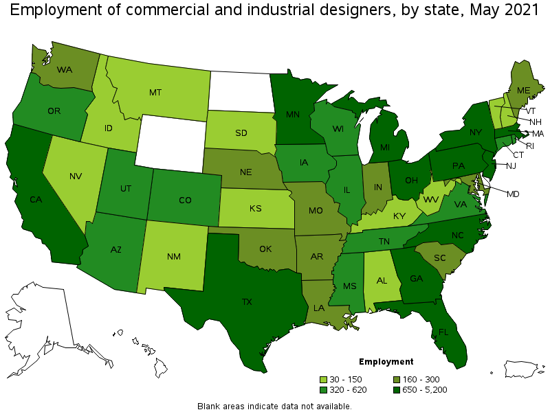 Map of employment of commercial and industrial designers by state, May 2021