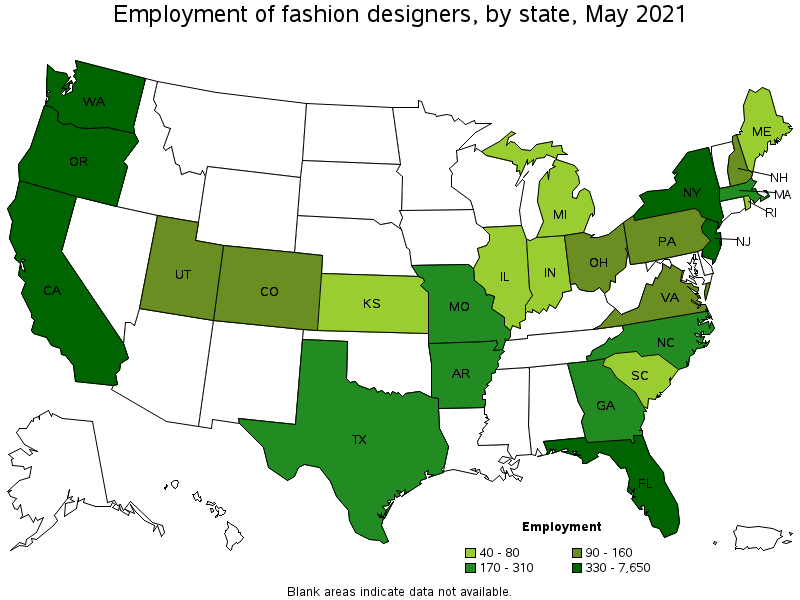 Map of employment of fashion designers by state, May 2021