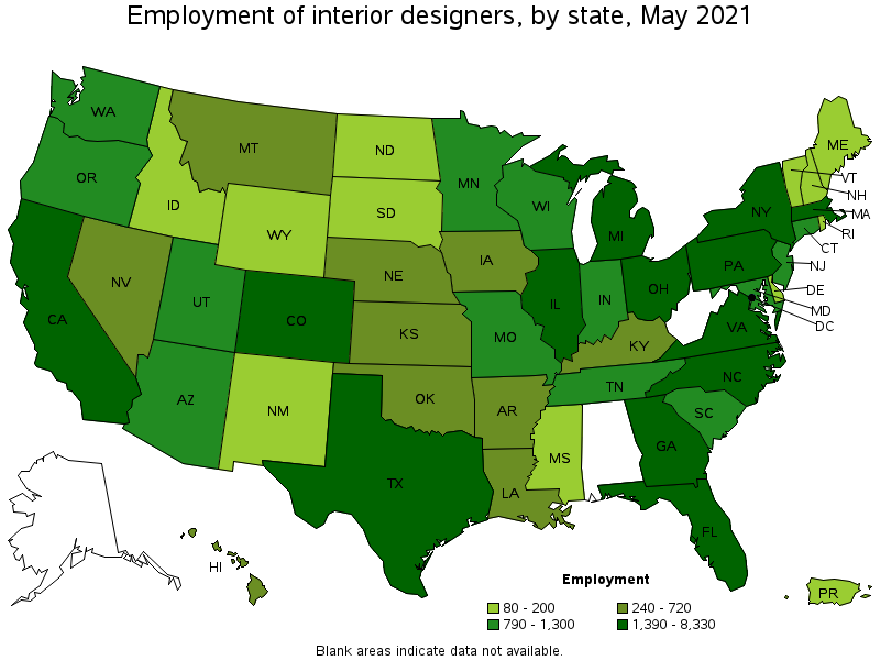 Map of employment of interior designers by state, May 2021