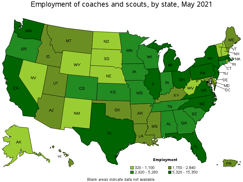 Map of employment of coaches and scouts by state, May 2021