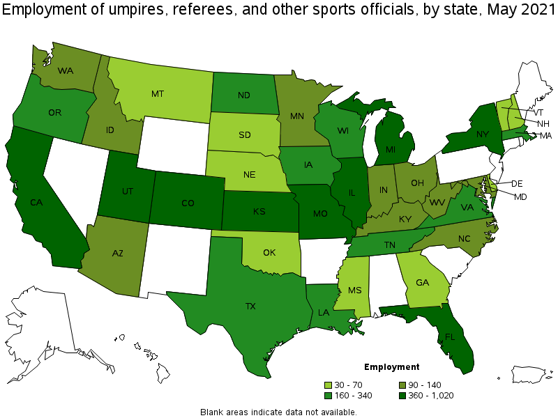 Map of employment of umpires, referees, and other sports officials by state, May 2021