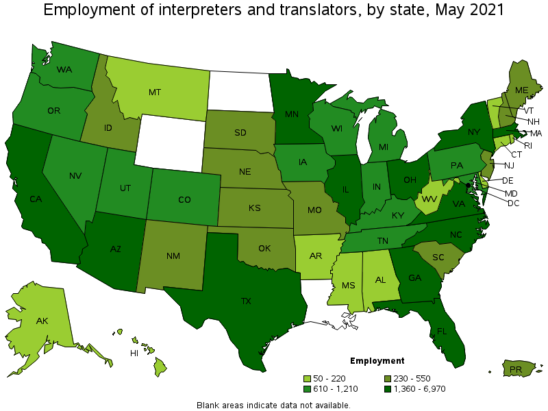 Map of employment of interpreters and translators by state, May 2021