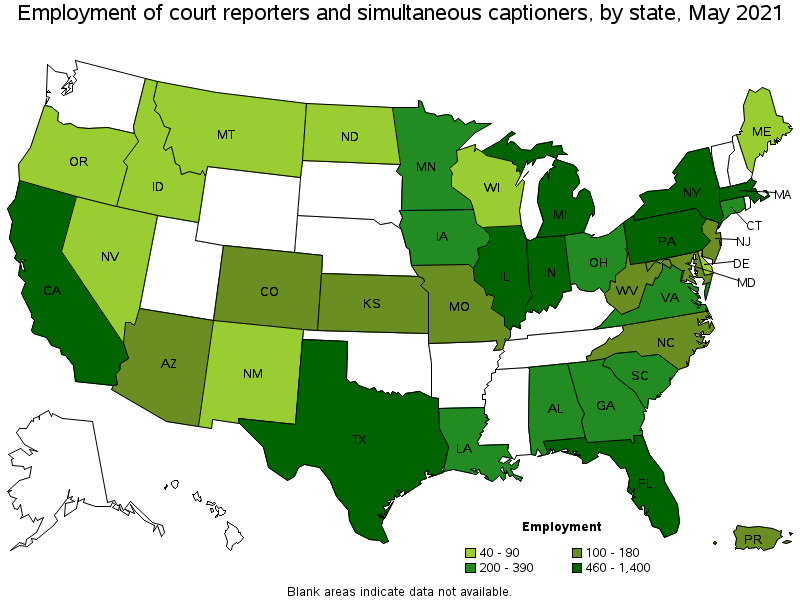 Map of employment of court reporters and simultaneous captioners by state, May 2021