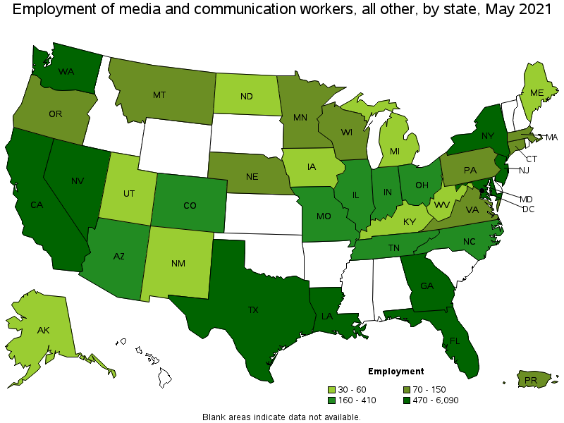 Map of employment of media and communication workers, all other by state, May 2021