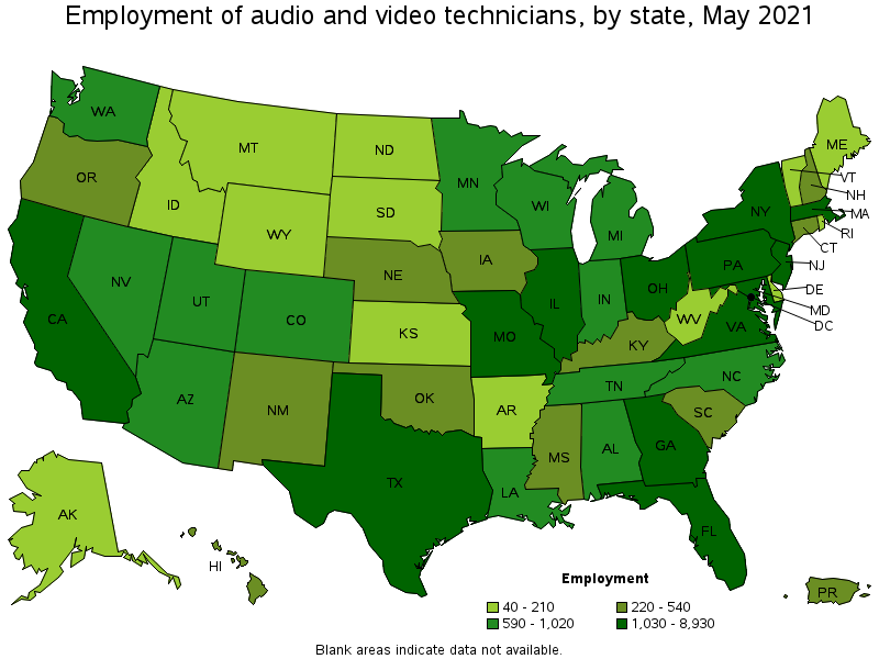 Map of employment of audio and video technicians by state, May 2021