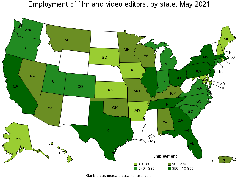 Map of employment of film and video editors by state, May 2021