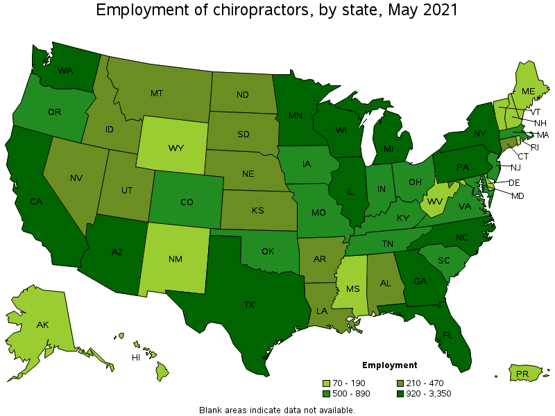 Map of employment of chiropractors by state, May 2021