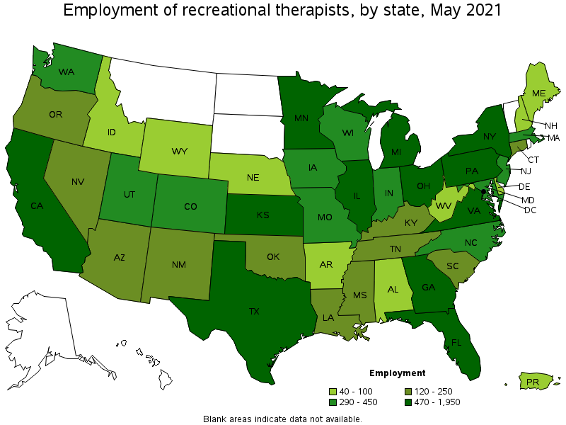 Map of employment of recreational therapists by state, May 2021