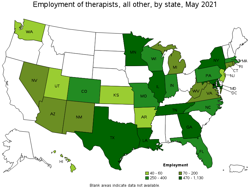 Map of employment of therapists, all other by state, May 2021