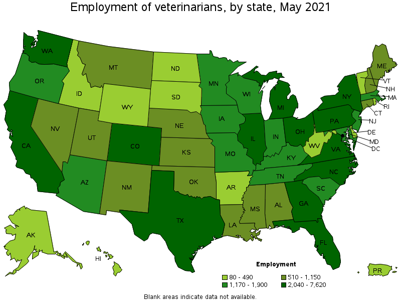 Map of employment of veterinarians by state, May 2021