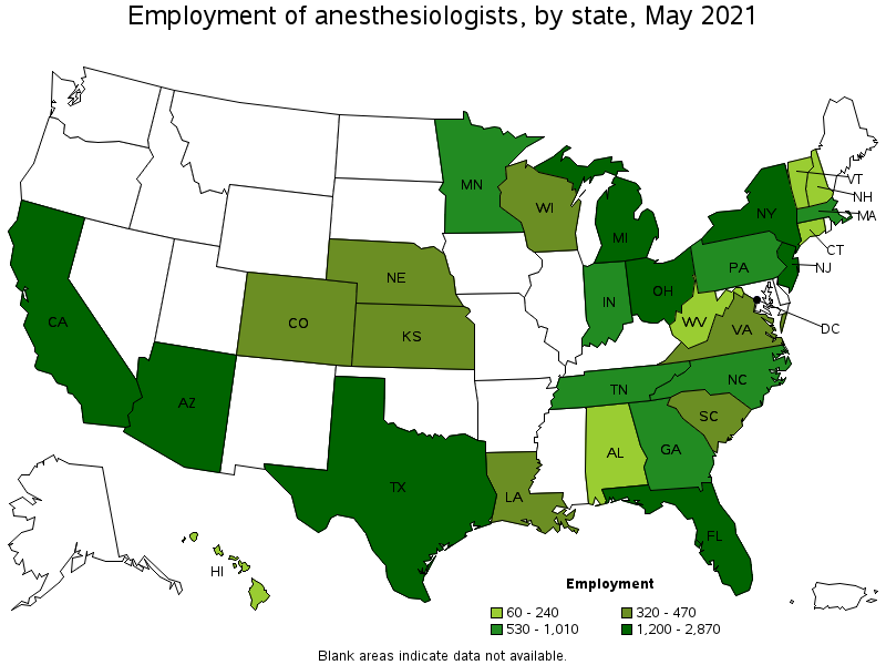 Map of employment of anesthesiologists by state, May 2021
